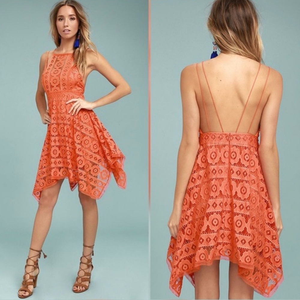 Free People Orange Lace Fit-and-Flare Handkerchief Hem Dress